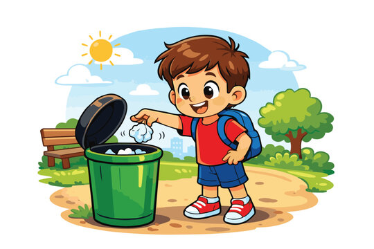 An adorable vector art of a small boy disposing of trash properly in a bin, expressing a fun and educational message about keeping the environment clean and healthy.