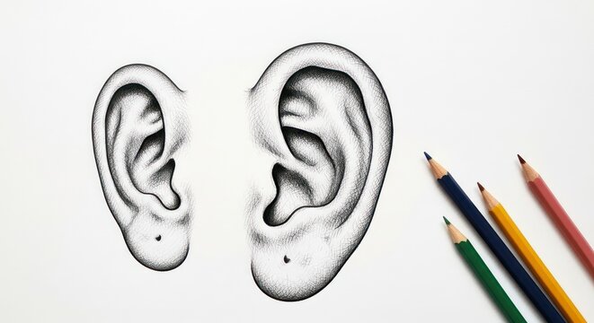 Pencil Sketch of Human Ears with Colored Pencils Nearby.