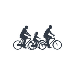 Naklejka premium Silhouette illustration of a family consisting of a father, mother, and a young child riding bicycles together on a plain white background, side view profile captured in black.