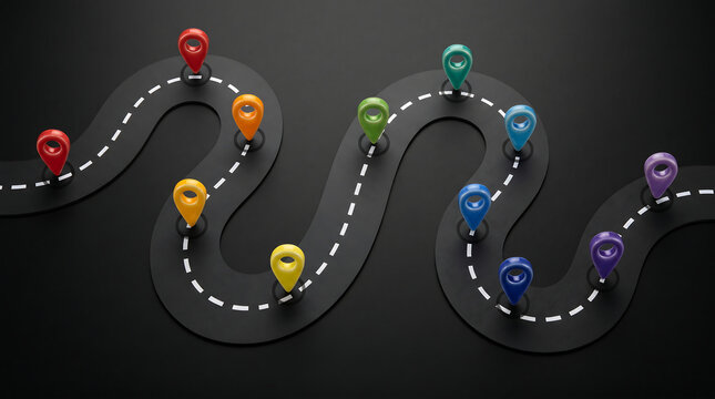 Colorful 3D GPS location pins marking stops along winding road route for business roadmap journey planning navigation and multi step strategy concepts