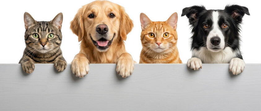 Four friendly pets including two cats and two dogs with their paws resting on a pale grey wooden ledge looking directly at the viewer animal feline canine golden retriever