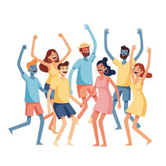 Obraz premium Flat vector illustration featuring a diverse group of multicultural men and women celebrating together with raised hands, dancing and smiling, wearing summer attire on white background.