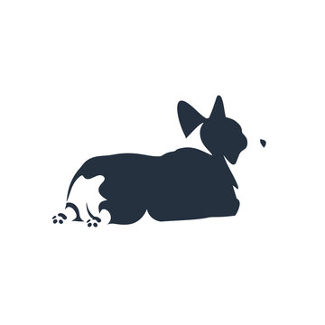 Minimalist flat vector illustration of a black and white Welsh Corgi dog lying flat on its belly in a sploot pose with back legs stretched out, isolated on a white background.