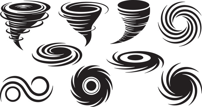 Set of abstract vortex, swirl, and hurricane designs, creating dynamic and energetic patterns. vector illustration