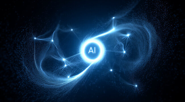 Futuristic artificial intelligence concept with glowing neural network connections and digital particles shining brightly