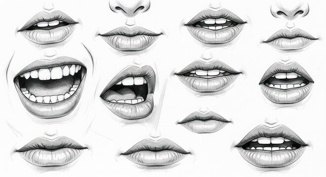 Pencil Sketches of Various Human Mouth Expressions and Lip Poses.