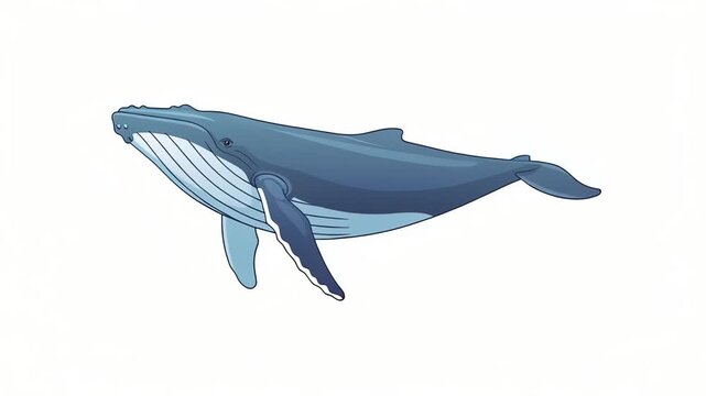 Blue Humpback Whale Cartoon Swimming on White Background