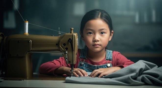A young Asian girl intently focuses on sewing with a vintage sewing machine, surrounded by fabric.