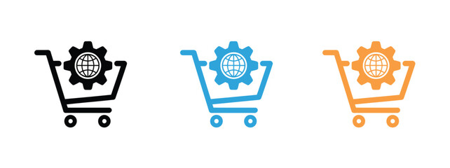 Shopping cart icons with gear and globe symbols, for ecommerce technology and global trade concepts. © Sidratul Muntaha 5
