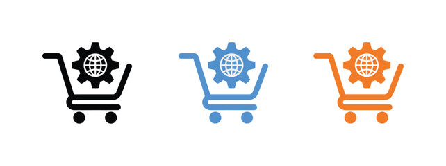 Shopping cart icons with gear and globe symbols, for ecommerce technology and global trade concepts. © Sidratul Muntaha 5