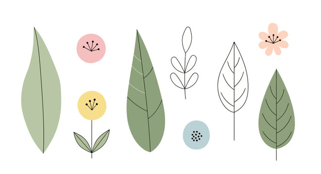 Abstract Botanical Elements: Leaves, Flowers, and Circles in Pastel Colors
