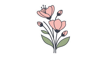 Obraz premium Delicate Pink Cherry Blossom Branch with Buds and Green Leaves, Minimalist Floral Illustration