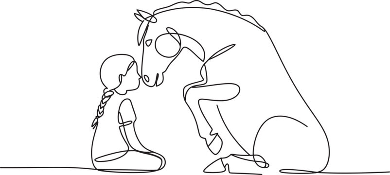 Minimalist single line illustration of young girl sitting with majestic horse in peaceful connection.