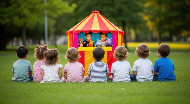 A group of children sit on the grass watching a colorful puppet show performance in an outdoor park setting.