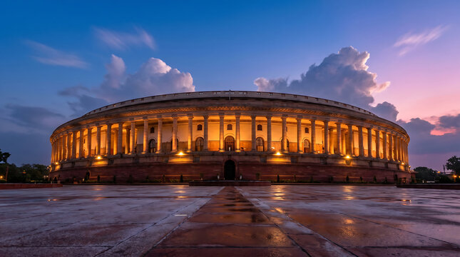 Indian Parliament Sansad Bhavan glowing with warm lights at blue hour dusk with wet plaza reflection for democracy governance and national heritage concepts