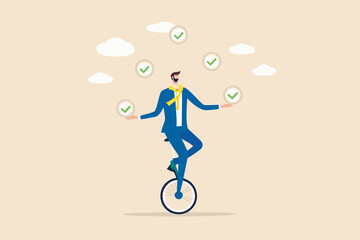 businessman balancing on unicycle with checkmark circles vector illustration © Parash