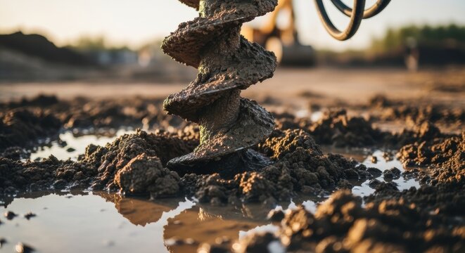 Close-up of a heavy-duty auger drill bit digging into wet, muddy soil at a construction site.