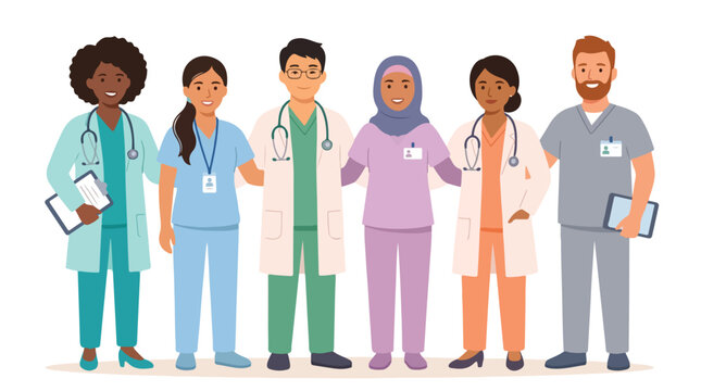 Diverse group of smiling healthcare workers standing together, representing a global team of medical professionals providing essential services and a tribute to their dedication