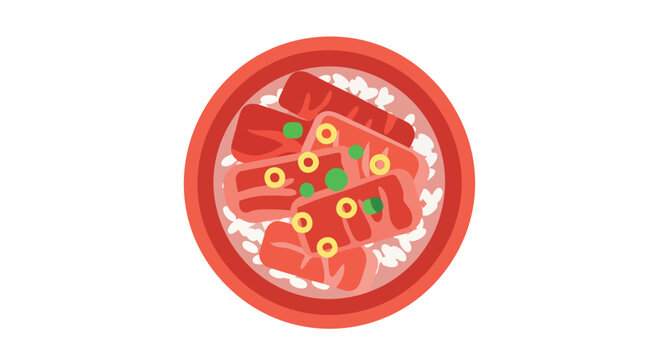 A vibrant, flat-style illustration showcases a bowl of food. The bowl holds white rice, topped with red rectangles and small yellow and green circles