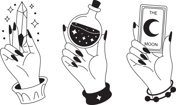 Mystic hands set holding crystal quartz magic potion bottle and moon tarot card in line art design.
