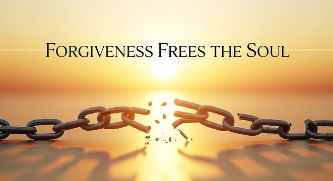 Forgiveness Frees the Soul text on sunset background, broken metal chain link for freedom concept, inspirational quote about spiritual liberation