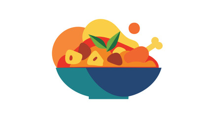 Fototapeta premium Colorful, simplified illustration of a stew-like dish in a bowl. Features circular and organic shapes, chicken leg, basil leaves