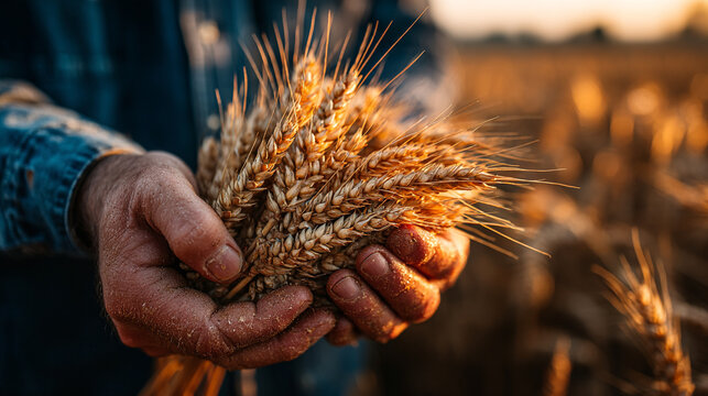 Farmer's hands cupping ripe wheat stalks at sunset with food production food industry outdoors