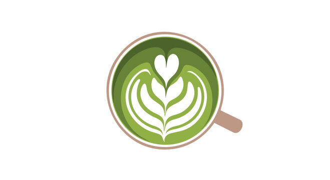 A top-down view of a cup, revealing a green beverage with white, stylized latte art in a leaf and heart design.  A handle is present
