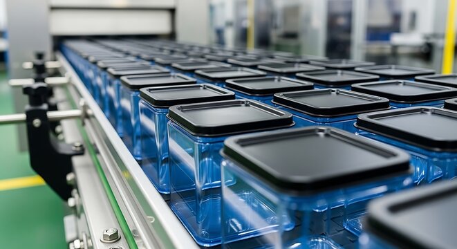 Industrial production line with blue plastic containers
