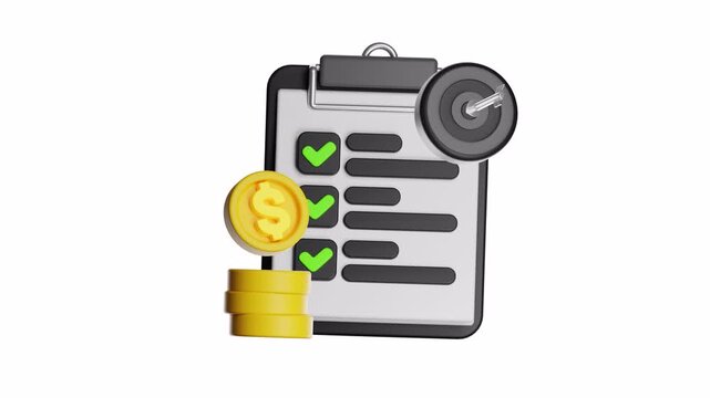 3d looping ui icon checklist target and stacked gold coins ideal for financial planning, investment strategies, savings goals, budgeting, and wealth management concepts.