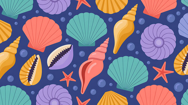 Colorful seashells and starfish pattern on blue background ocean theme vector illustration summer.