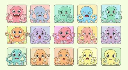 Colorful cartoon octopus faces smiling. © yaraa