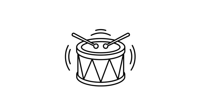 Drum with drumsticks, musical instrument, rhythmic beat, sound waves, line art icon
