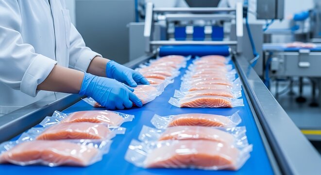 Fish processing plant worker packaging salmon fillets on a conveyor belt