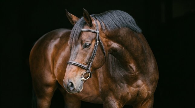 Majestic brown horse portrait against a dark background