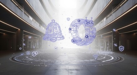 Obraz premium Conceptual Global AI Concierge Headquarters with Lavender Glass Robot and Silver Bell Icons