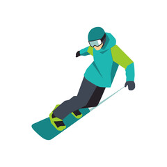Obraz premium Isometric flat vector illustration of a male snowboarder in teal and green winter gear, helmet, and goggles, carving on a teal snowboard isolated on a white background.