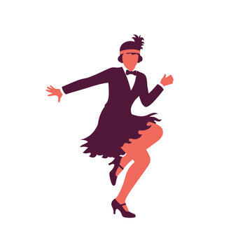 Minimalist flat vector illustration of a 1920s flapper woman dancing the Charleston, wearing a tuxedo jacket, bowtie, fringed dress, and headband with a feather on white background.