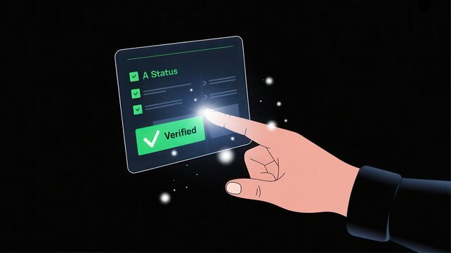 A finger touching a digital interface with a verified status icon