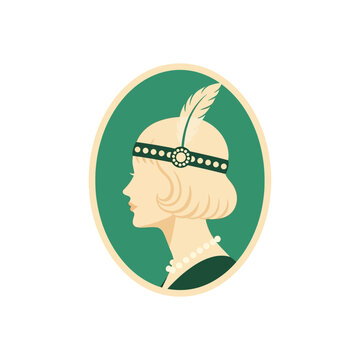 Vintage Art Deco style vector illustration of a 1920s flapper woman in profile wearing a feathered headband and pearl necklace, depicted within a green oval frame on a white background.