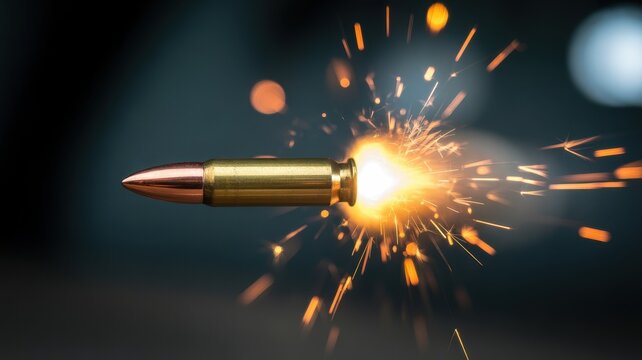 A flying bullet with bright explosive sparks on a dark background