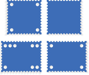 Obraz premium Set of paper art post stamp four blue icon isolated shadow. blue postage stamp edge frames and jagged border set. vector illustration.