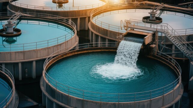 Industrial wastewater treatment plant facility with circular sedimentation tanks
