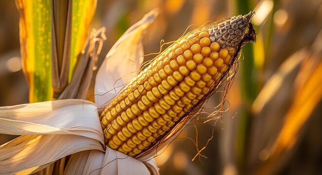 Close up of ripe corn on the cob in a field