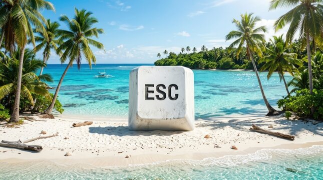 Escape Key on a Beach: Vacation, Getaway, Travel, Tropical Paradise Concept