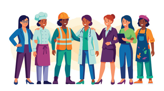 Diverse group of empowered professional women standing together, showcasing female strength, unity, and career diversity in a modern flat vector illustration concept
