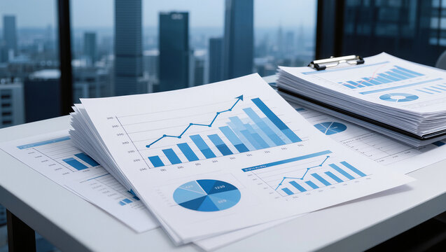 Collection of Business Reports and Graphs with Financial Data on Modern Office Desk