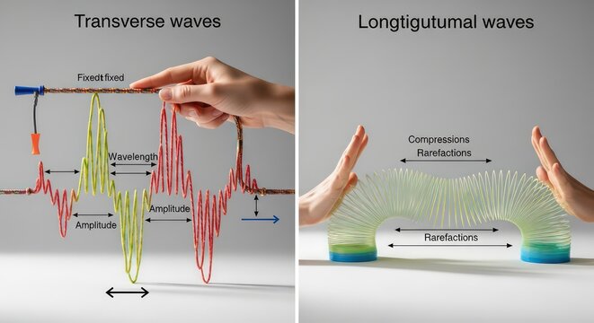 Illustration Comparing Transverse and Longitudinal Waves in Physics.