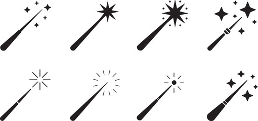 Eight magic wands with sparkles star burst effect various designs black and vector illustration. © MstSima