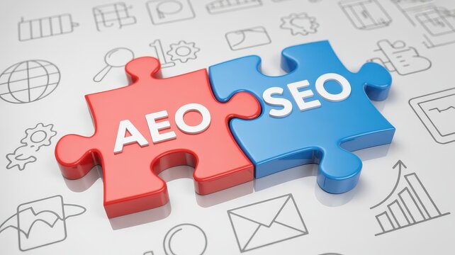 AEO and SEO puzzle pieces concept isolated on white background